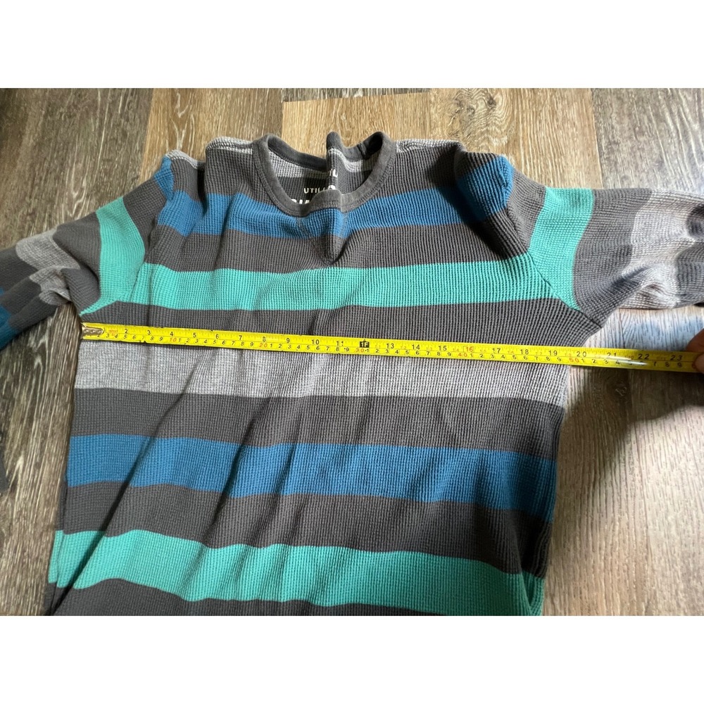 Utility Blue Thermal Shirt Mens XL Multi Color Striped Waffle Knit Long Sleeve